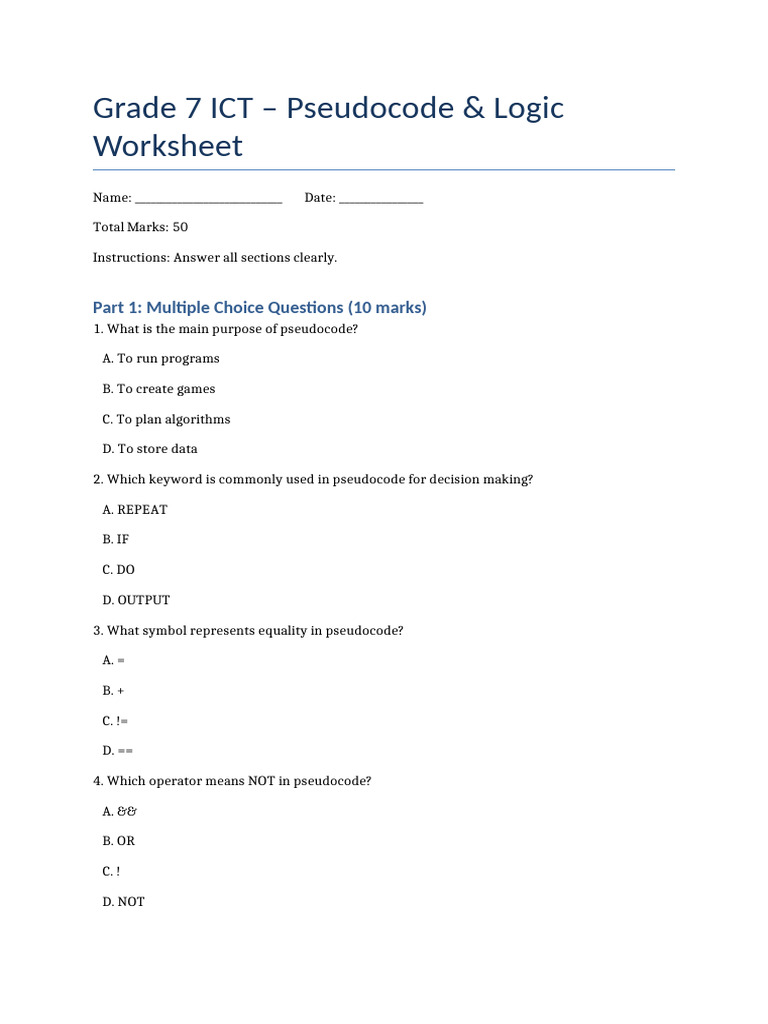 Grade 7 Pseudocode Worksheet | PDF