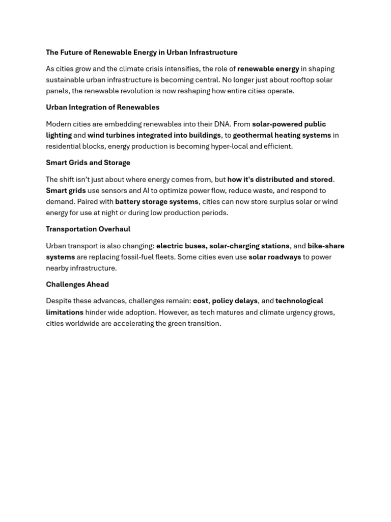 The Future of Renewable Energy in Urban Infrastructure | PDF