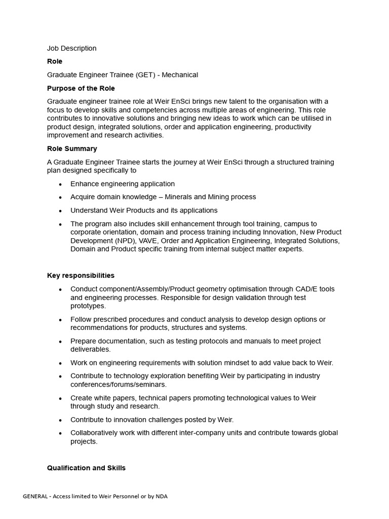 Graduate Engineer Trainee Role at Weir | PDF | Engineering | Skill