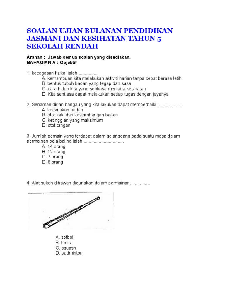 Soalan Ujian Bulanan Pendidikan Jasmani Dan Kesihatan Tahun 5 Sekolah Rendah Pdf