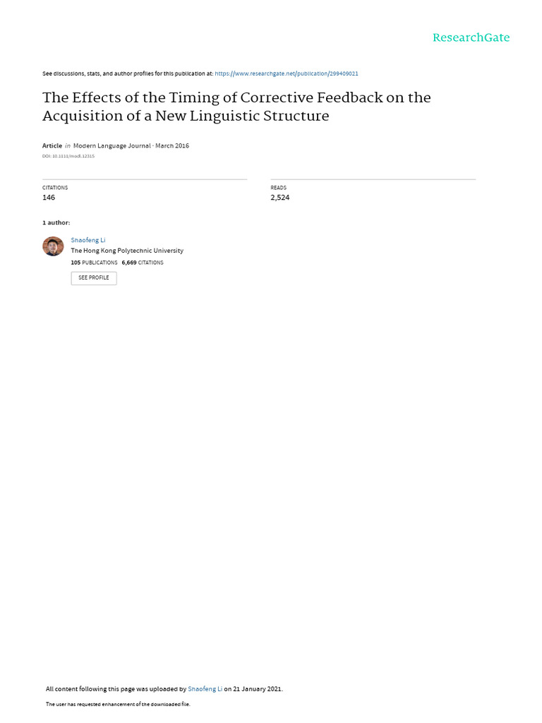 Timing of Corrective Feedback in EFL | PDF | Second Language ...