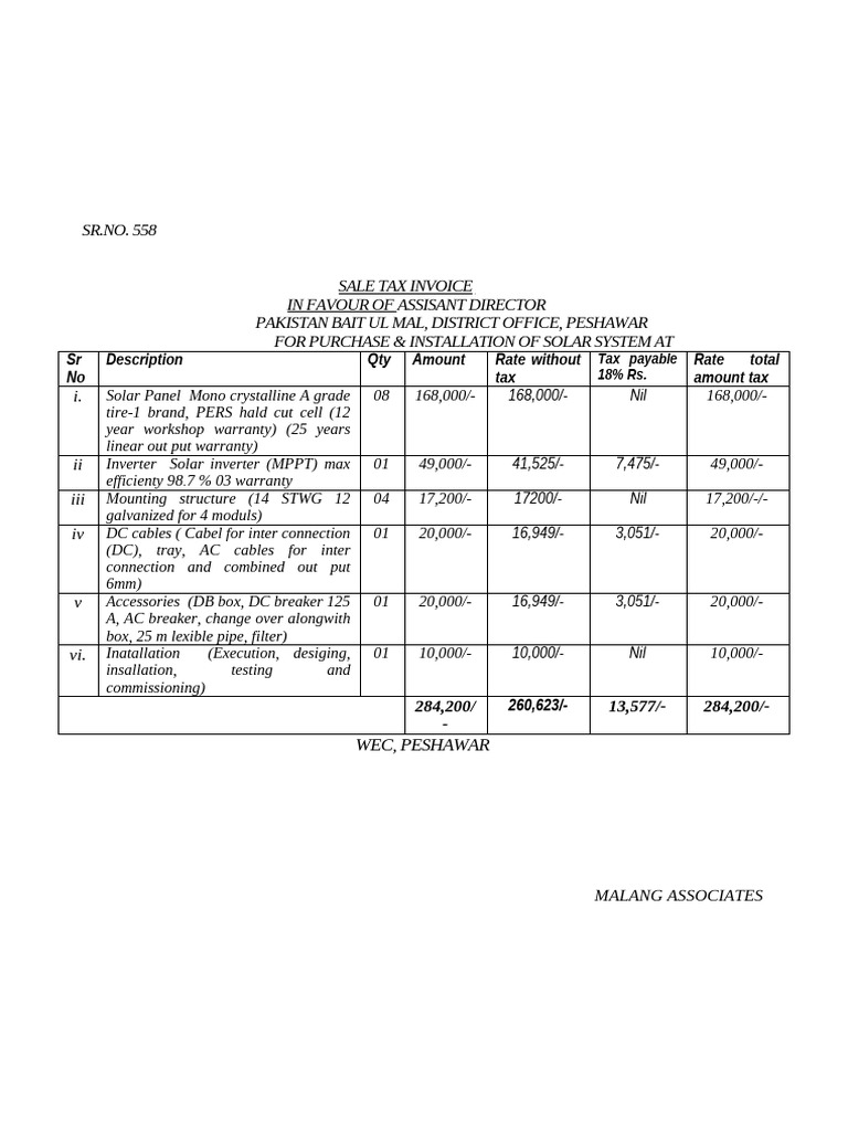 Solar System Purchase Invoice Peshawar | PDF | Renewable Energy ...