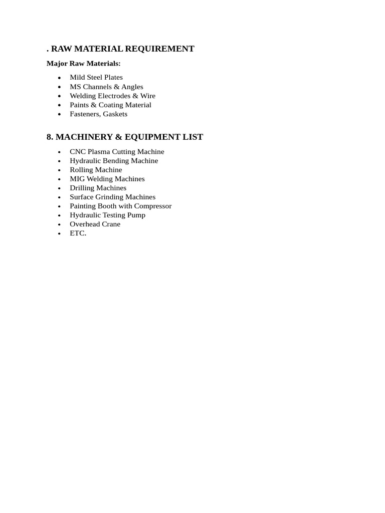 Raw Material and Equipment List | PDF