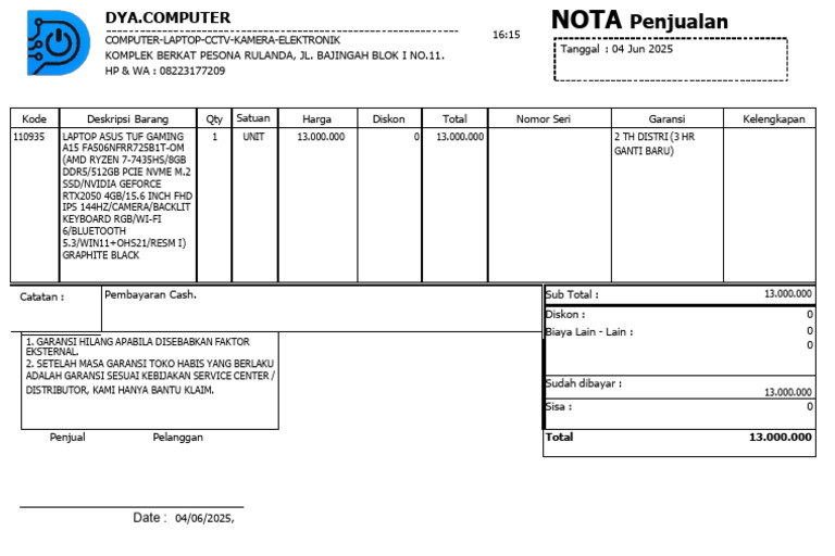 Nota Pembelian Laptop ASUS TUF Gaming | PDF