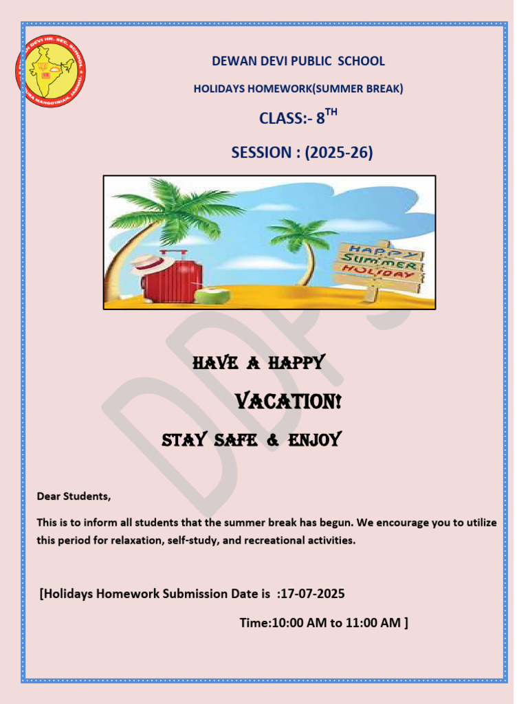 Summer Homework for Class 8 Students | PDF