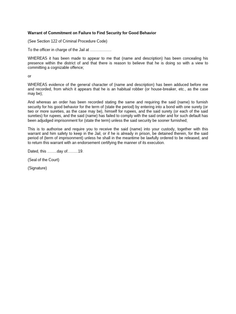 Warrant of Commitment for Imprisonment | PDF