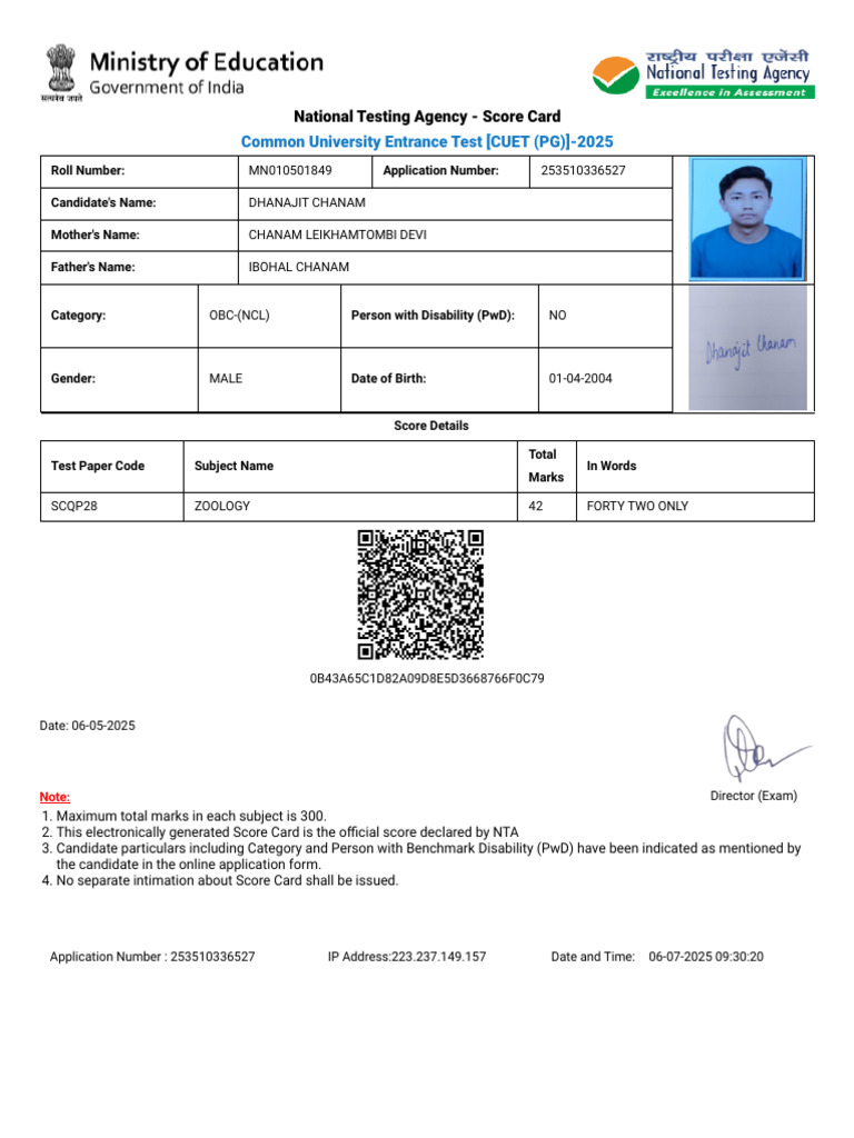CUET PG 2025 Score Card for Dhanajit Chanam | PDF