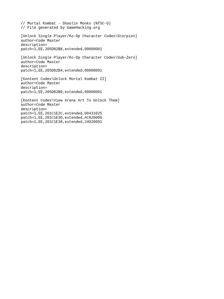 Mortal Kombat Shaolin Monks Cheat Codes | PDF