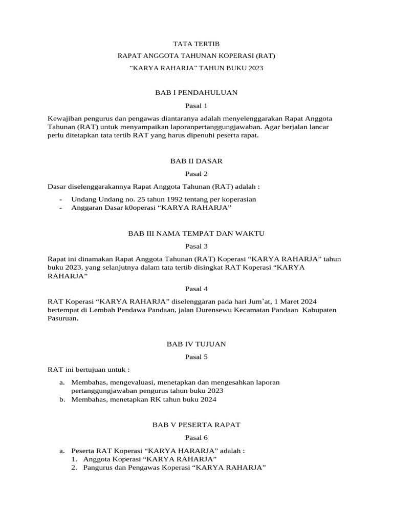 Tata Tertib RAT Koperasi Karya Raharja 2023 | PDF