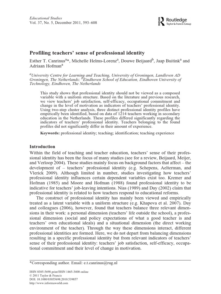 Teachers' Professional Identity Profiles | PDF | Identity (Social ...