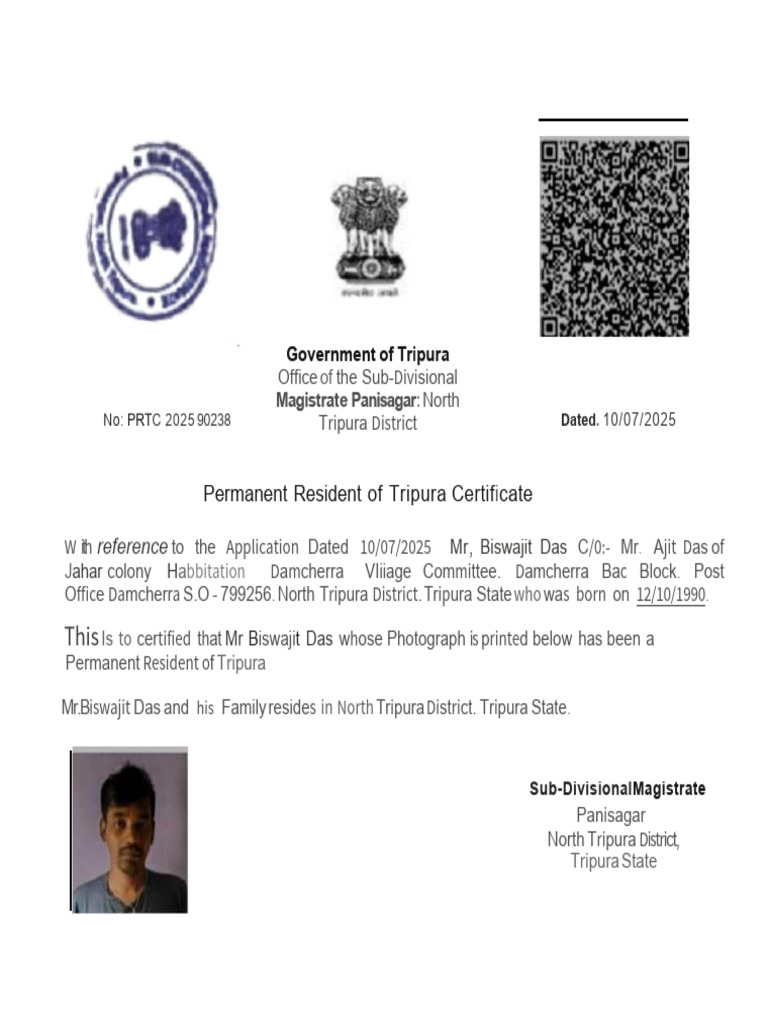 Tripura Permanent Resident Certificate | PDF