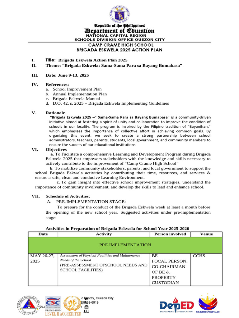 Brigada Eskwela 2025 Action Plan | PDF | Metro Manila | Manila