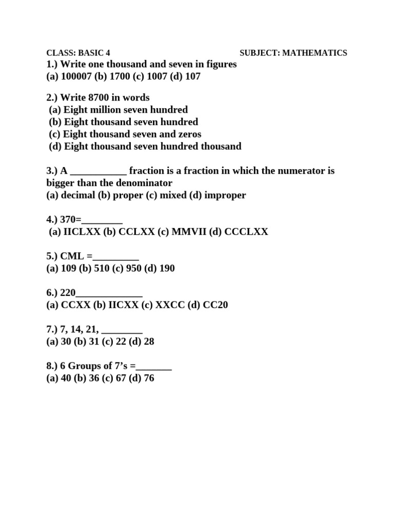 Basic 4 Mathematics Practice Questions | PDF