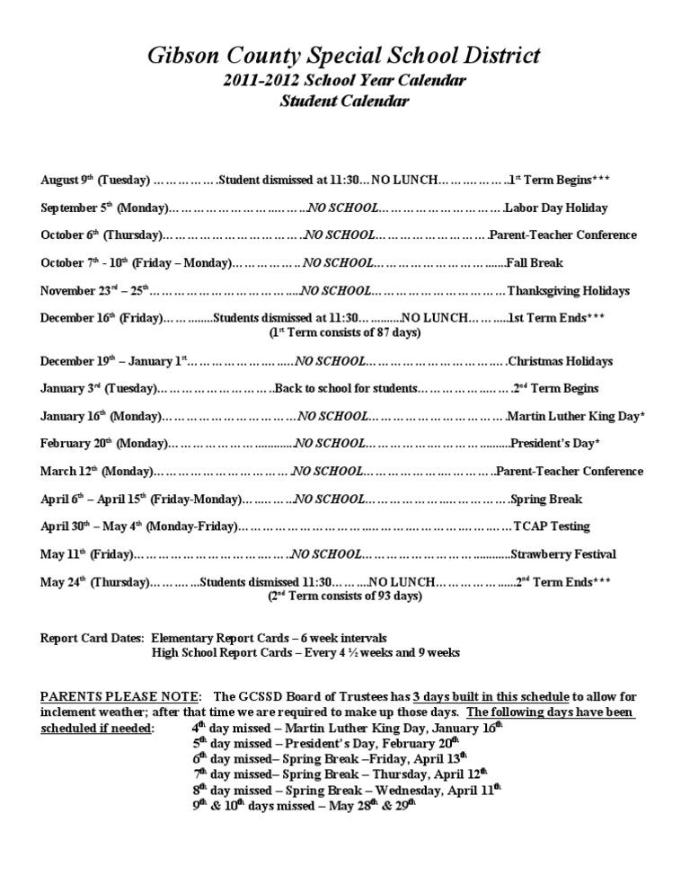GCSSD School Calendar 2011-2012 Student's | PDF