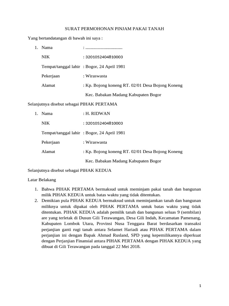 Surat Permohonan Pinjam Tanah | PDF