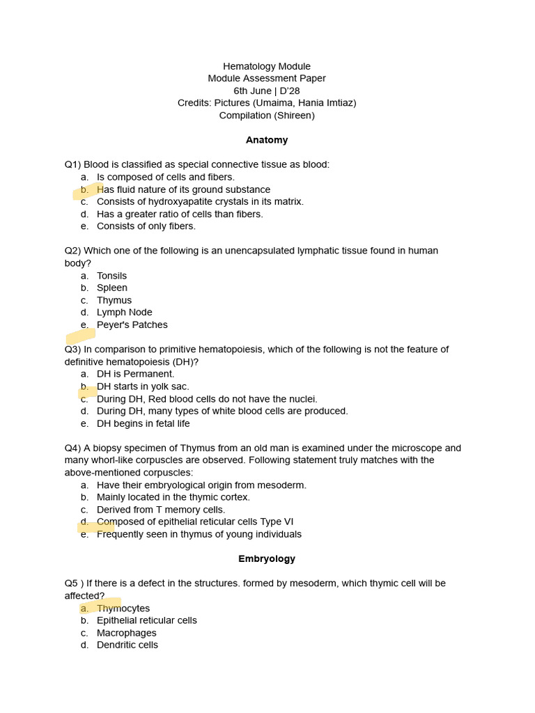 Hematology Module Test - 230607 - 093814 - 230607 - 115053 | PDF ...
