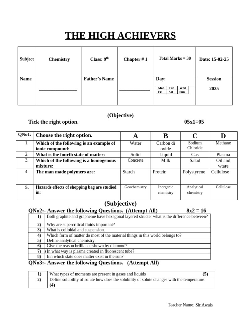 9th Grade Chemistry Exam Questions | PDF | Chemistry | Chemical Compounds