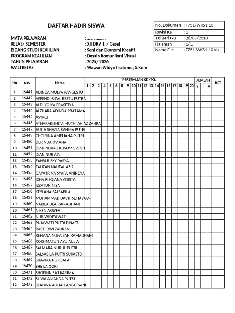 Daftar Hadir Siswa Kelas Xii SMKN 1 2025-2026 - Gasal | PDF