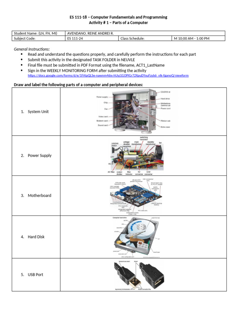 Es 111-18 Activity # 1 - Parts of A Computer | PDF