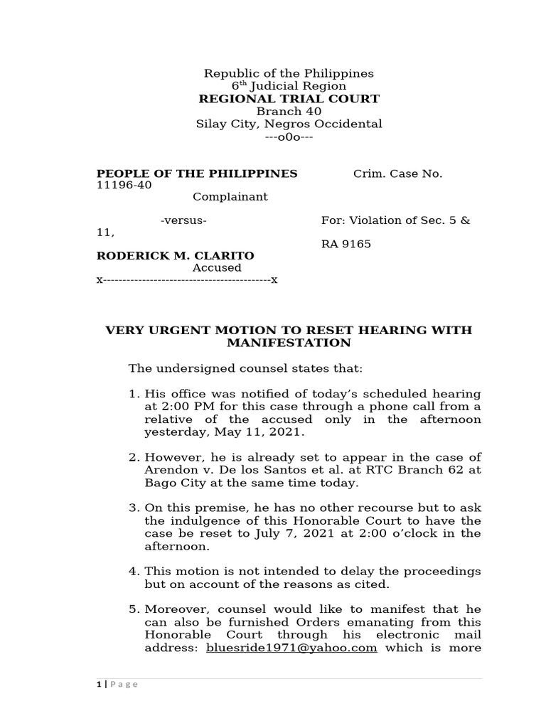 Very Urgent Motion To Reset Hearing | PDF | Judiciaries | Public Law