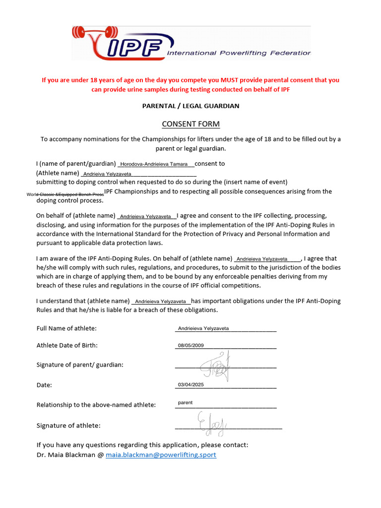 IPF Parental Consent Form for Athletes | PDF | Doping In Sport | Consent