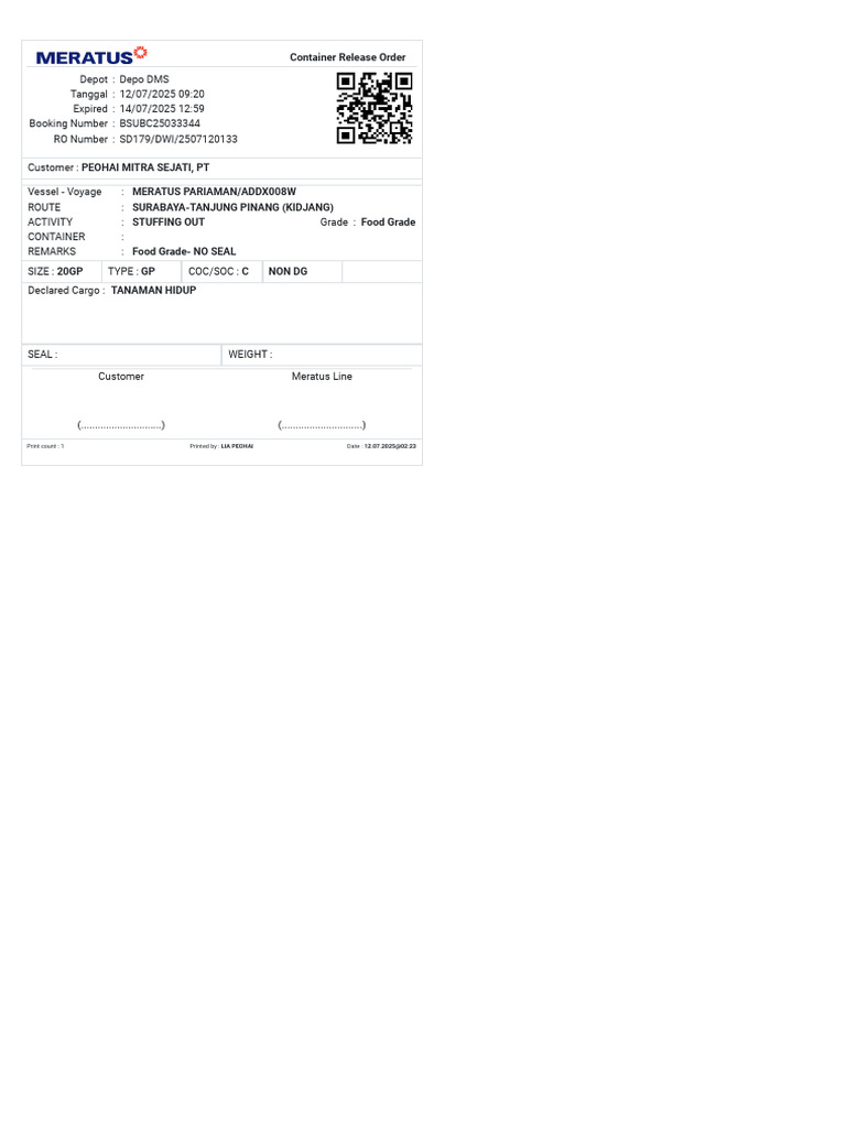 Meratus Sby-Tanjung Pinang | PDF