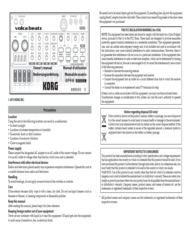 Manual 515401 Korg Volca Beats Synthesizer | PDF