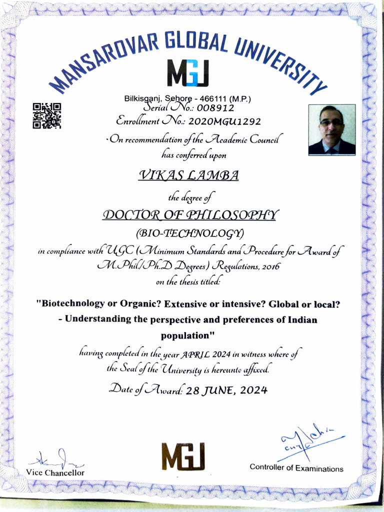 PhD Award in Biotechnology - Vikas Lamba | PDF