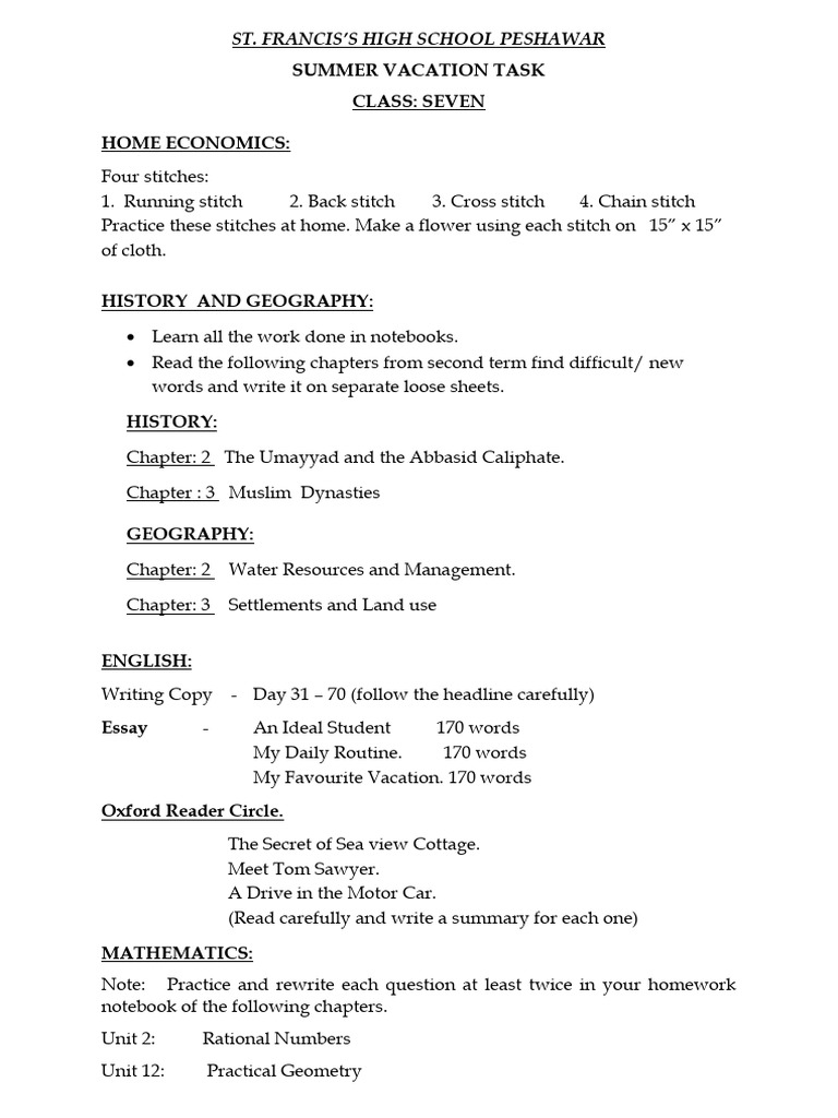 Grade 7 Summer Vacation Tasks | PDF | Science