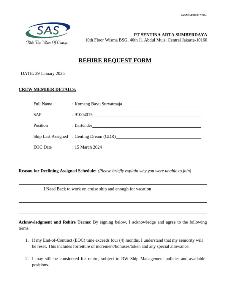 Rehire Request Form PDF