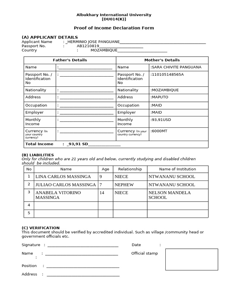 Income Declaration Form for Applicants | PDF | Identity Document ...