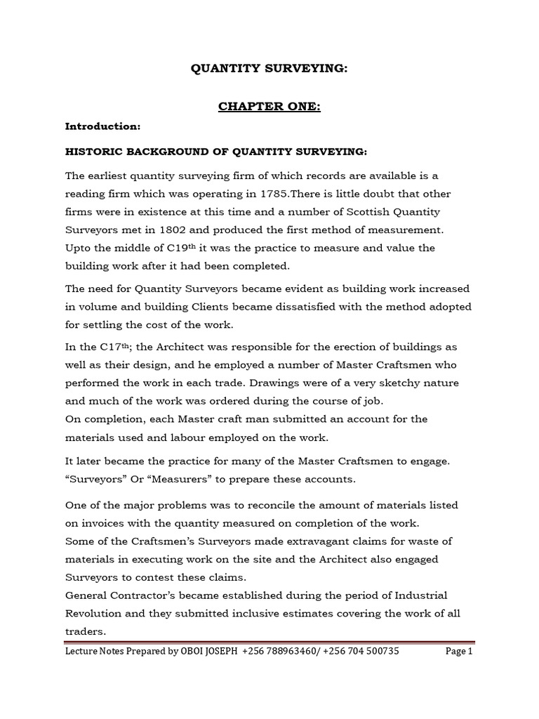 Quantity Surveying Lecture Notes | PDF | Architect | Surveying