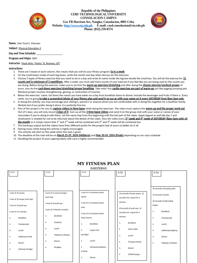 Pe2 My Fitness Plan Project 1st Week | PDF | Lunch | Soup