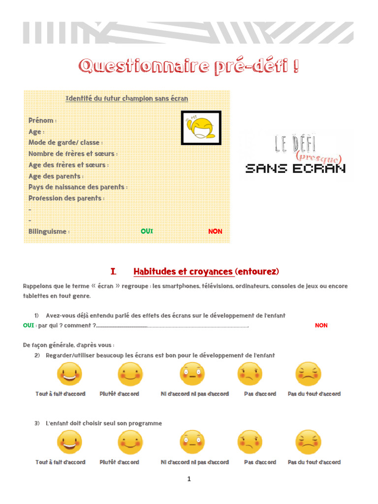 Questionnaire Pre-Defi - Defi Sans Ecran | PDF | Ordinateur tablette ...