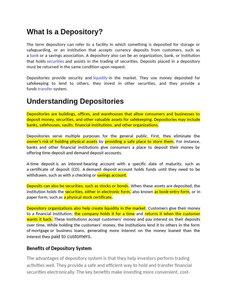Understanding Depositories and Their Benefits | PDF | Securities ...