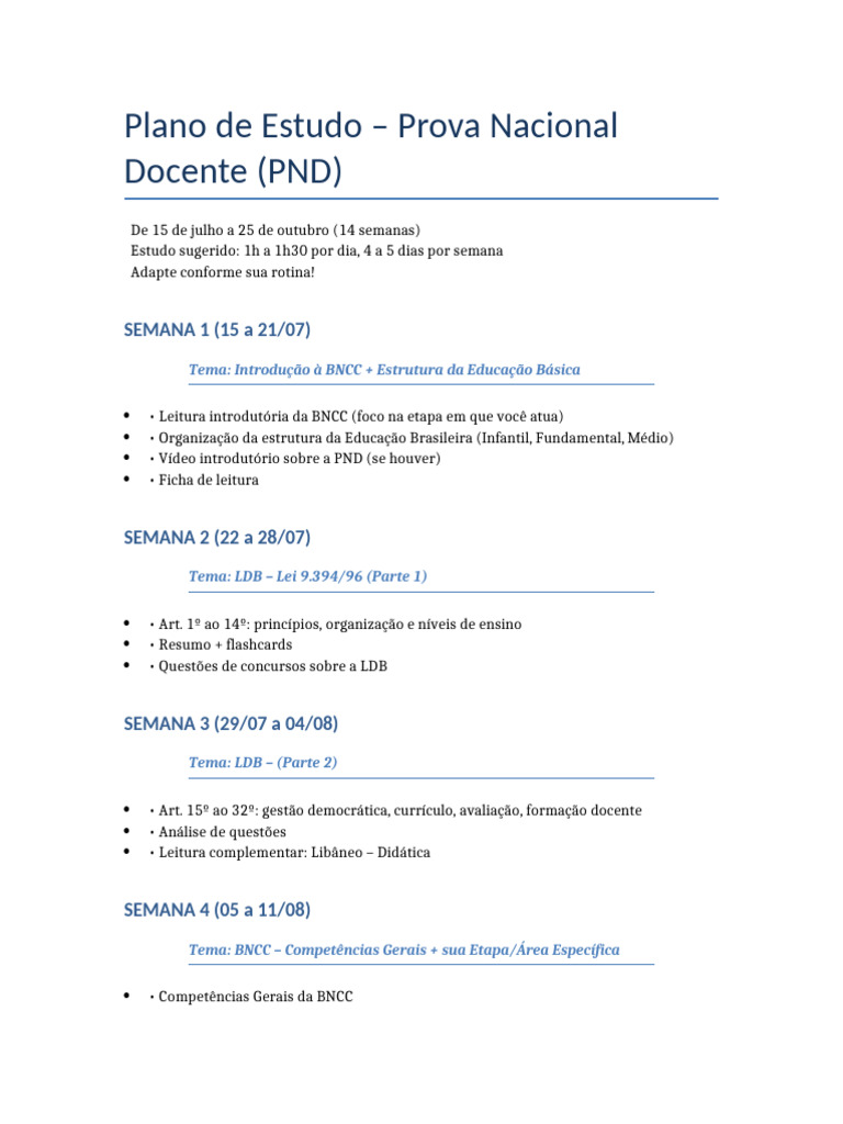 Plano de Estudo para PND Pedagogia | PDF | Pedagogia | Aprendizado