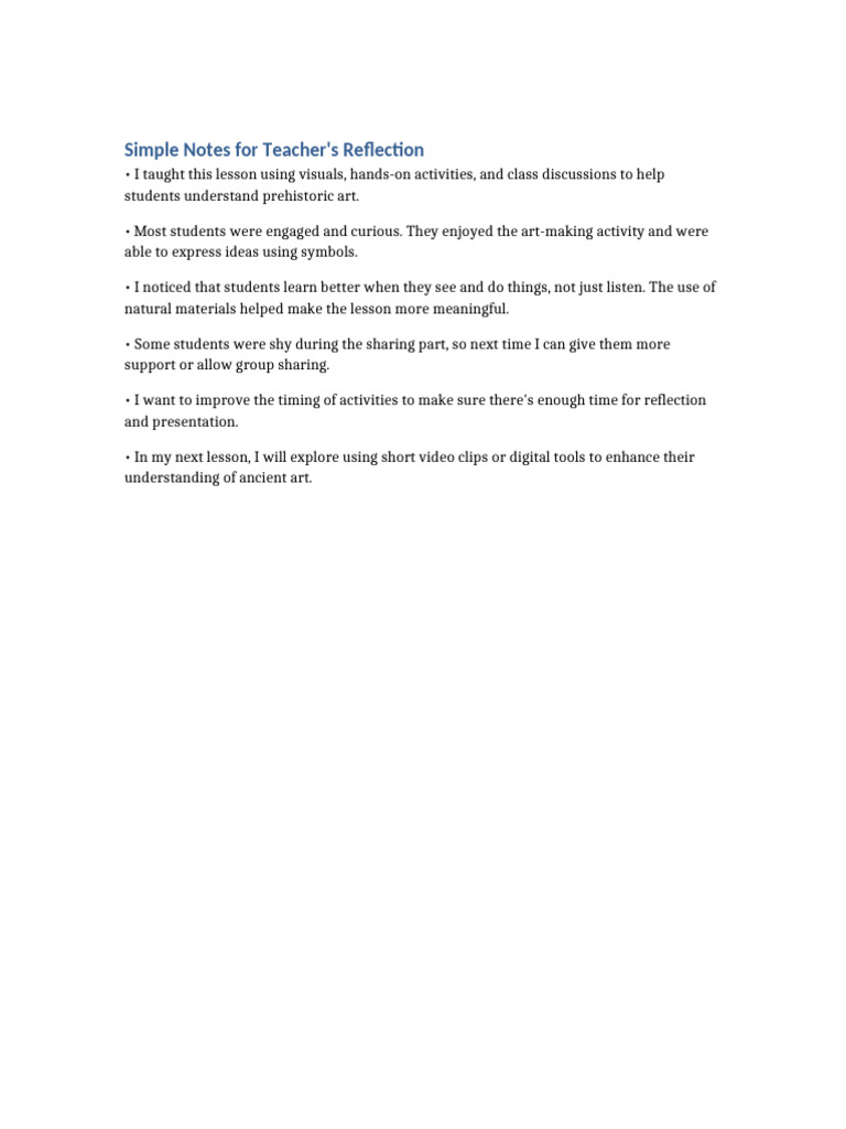 Simple Notes Teachers Reflection Arts9 | PDF