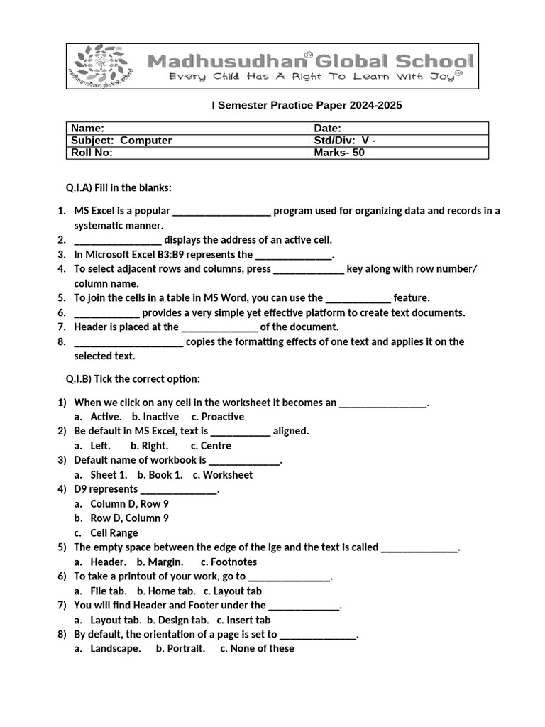 MS Word & Excel Practice Paper | PDF | Microsoft Excel | Microsoft Word