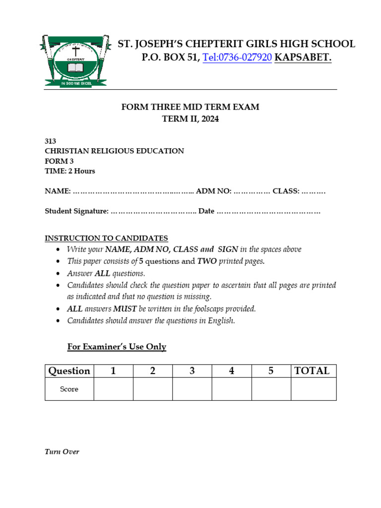 CRE Form 3 Mid Term Exam 2024 | PDF | Jeremiah | Covenant (Biblical)