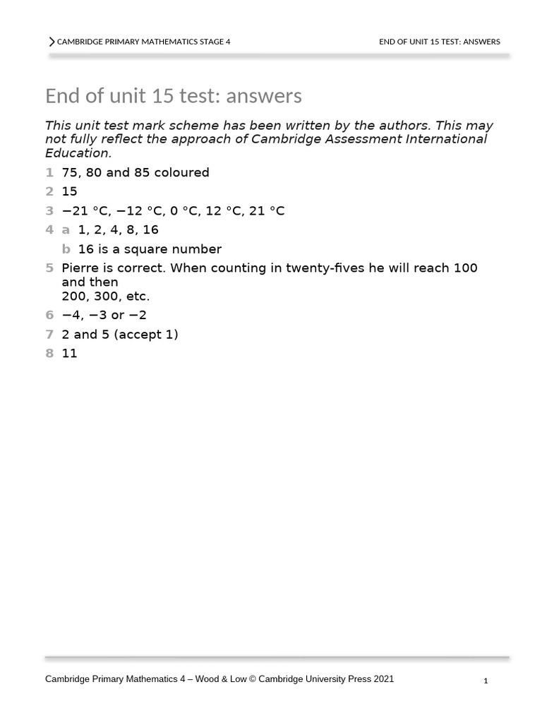 Prim Maths 4 2ed TR Unit Test Answers 15 | PDF
