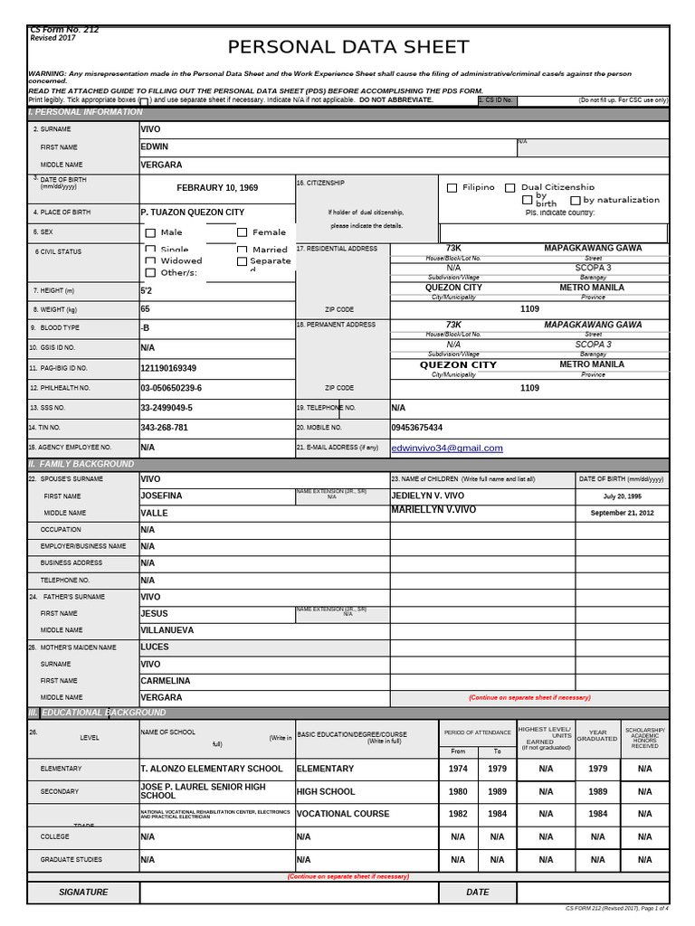 Personal Data Sheet Template | PDF