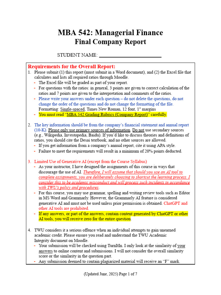 MBA 542 Managerial Finance Report | PDF | Dividend | Gross Margin