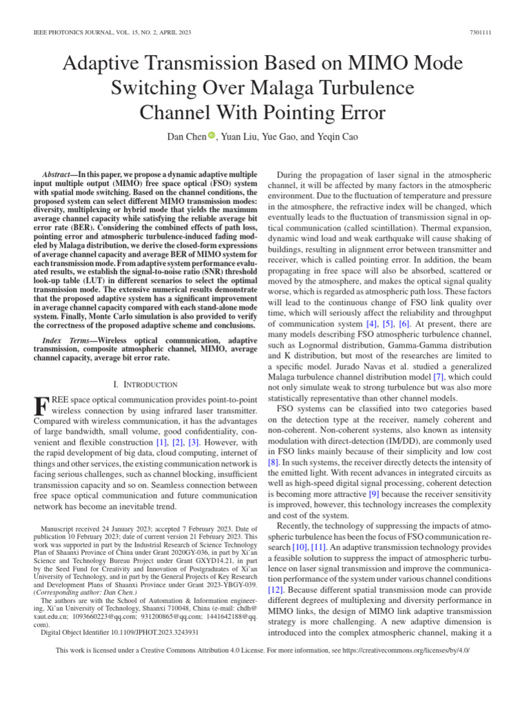 MIMO Adaptive Transmission in FSO Systems | PDF | Mimo | Multiplexing