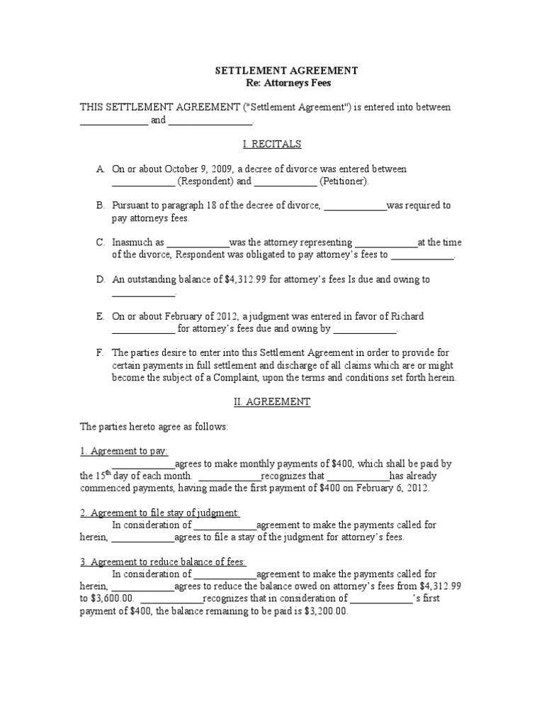 Settlement Agreement for Attorney Fees | PDF | Settlement (Litigation ...