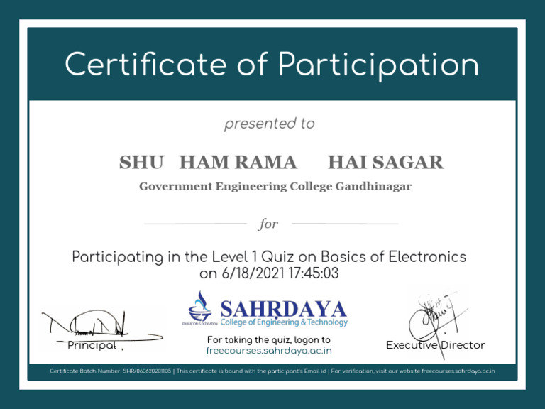 Certificate of Participation in Electronics Quiz | PDF
