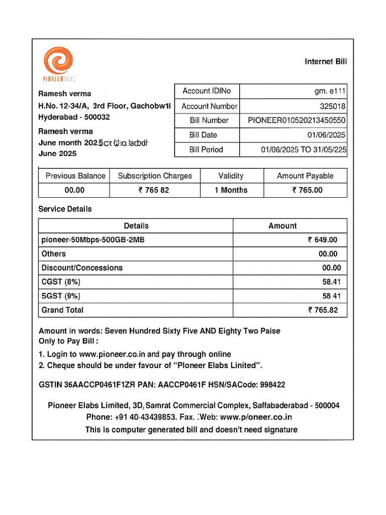 June 2025 Internet Bill Summary | PDF