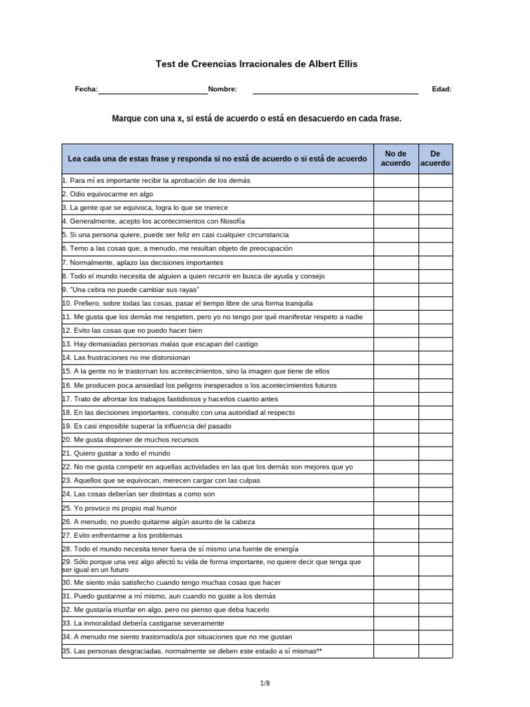 Test de Creencias Irracionales de Ellis | PDF | Sicología