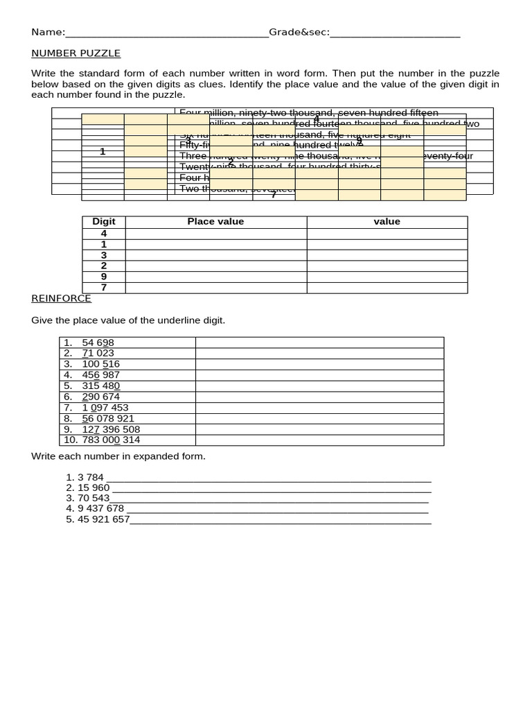 Grade 4 Number Words Worksheet | PDF
