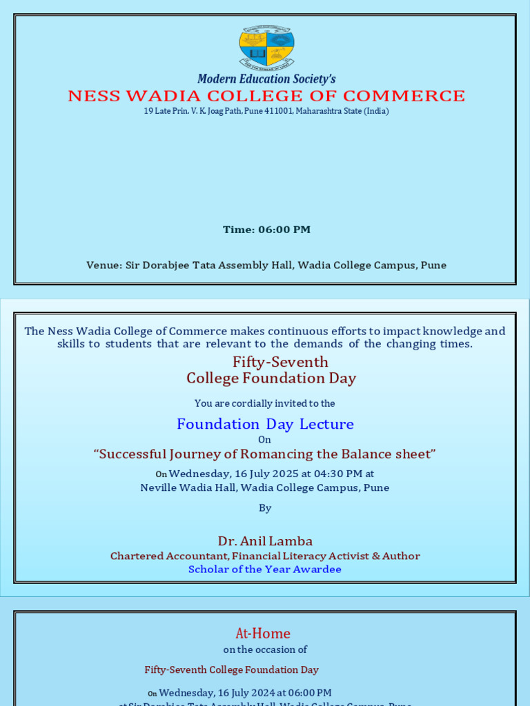 57th Foundation Day Invitation - Wadia College | PDF