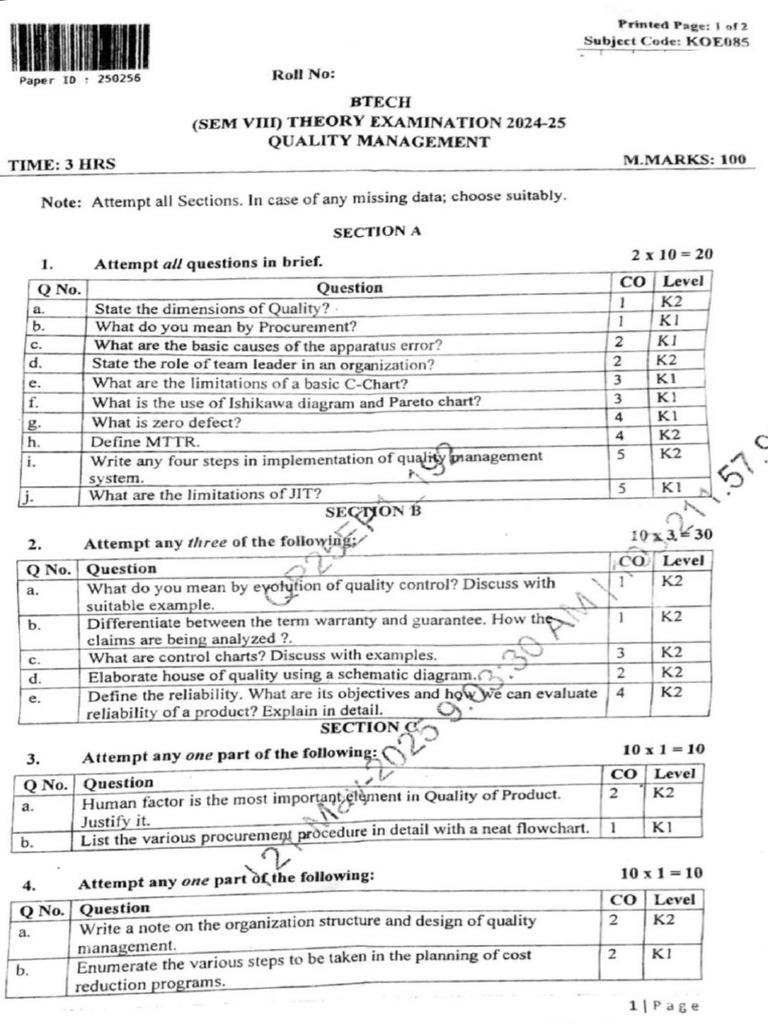 Quality Management Paper 2025 | PDF